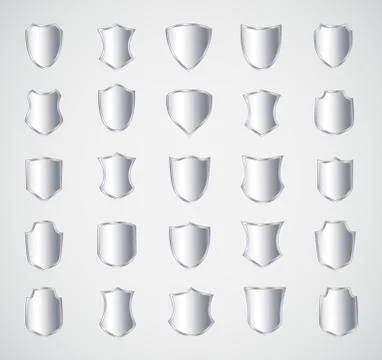 Silver shield design set with various shapes. Stock Illustration