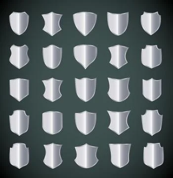 Silver shield design set with various shapes. Stock Illustration