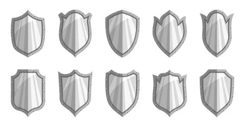 Silver shield knight guard security flat icon set Stock Illustration