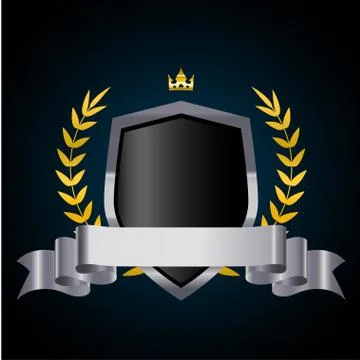 Silver shield with laurel wreath, crown and ribbon. Vector illustration. Stock Illustration