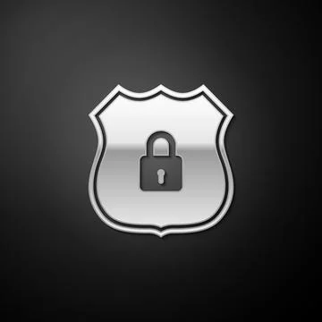 Silver Shield security with lock icon isolated on black background. Protection Stock Illustration