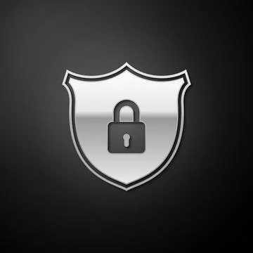 Silver Shield security with lock icon isolated on black background. Protection Stock Illustration