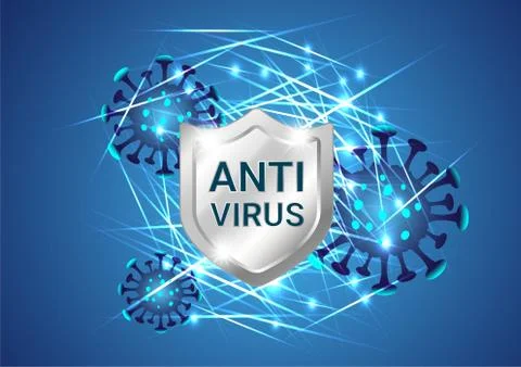 Silver shield with virus or bacteria cells and laser light on blue background Stock Illustration