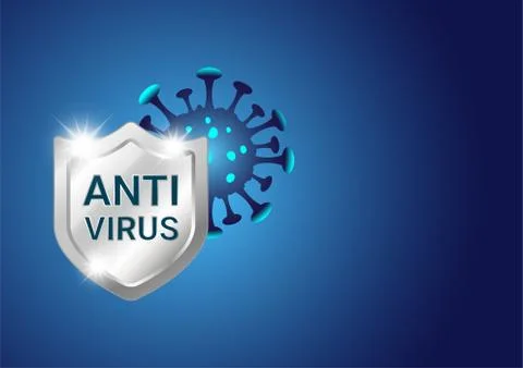 Silver shield with virus or bacteria cells on blue background for virus prote Illustrazione stock