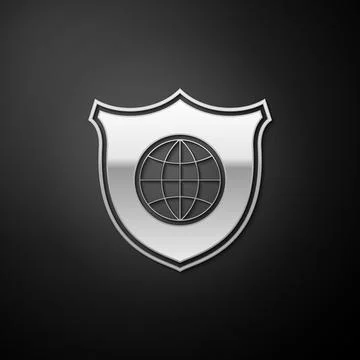 Silver Shield with world globe icon isolated on black background. Security Stock Illustration