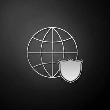 Silver Shield with world globe icon isolated on black background. Security Stock Illustration