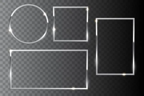 Silver shiny frame set isolated on dark transparent background. Vector design 스톡 일러스트