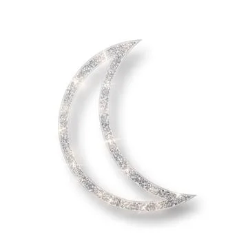 Silver shiny glitter glowing half moon with shadow isolated on white backgrou Ilustração Stock