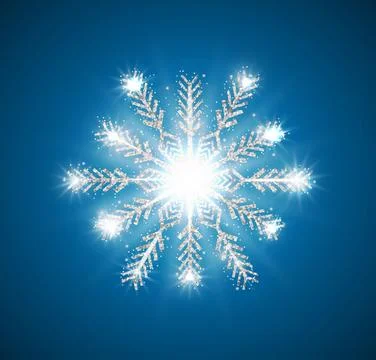 Silver shiny glitter snowflake isolated on blue sky festive background. Stock Illustration