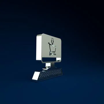 Silver Shopping cart on screen computer icon isolated on blue background. Con 스톡 일러스트
