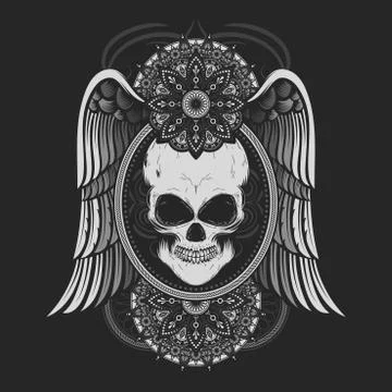 SILVER SKULL WITH ANGEL WINGS Stock Illustration