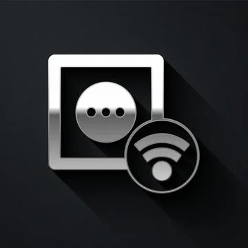 Silver Smart electrical outlet system icon isolated on black background. Power Illustrazione stock