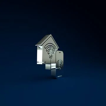 Silver Smart home with wi-fi icon isolated on blue background. Remote control Ilustración de archivo