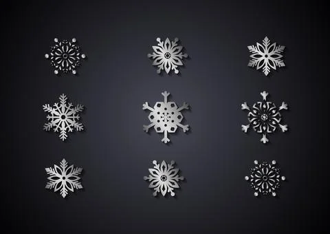Silver snowflake collection isolated on black background Stock Illustration