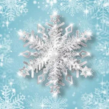A silver snowflake with highlights and sequins on a blue winter background. Illustrazione stock