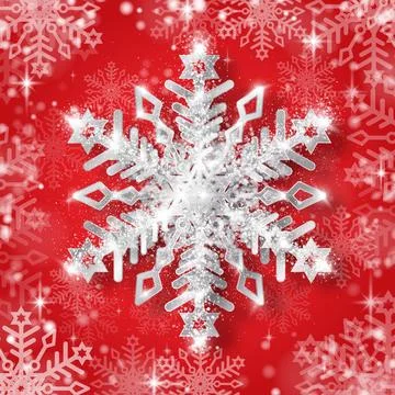 A silver snowflake with highlights and sequins on a red winter background. Illustrazione stock