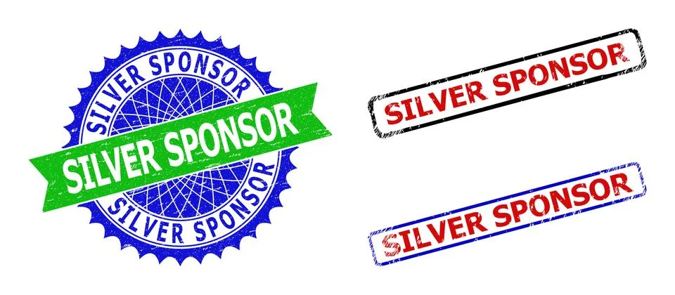 SILVER SPONSOR Rosette and Rectangle Bicolor Stamp Seals with Unclean Styles Stock Illustration