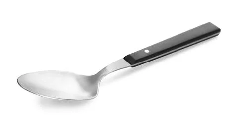 Silver spoon with black handle isolated on white Photos