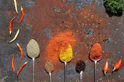 Silver spoon with various spices Stock Photos