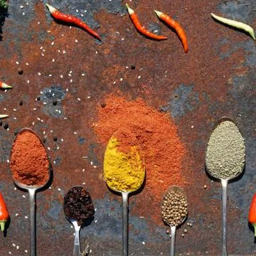 Silver spoon with various spices Stock Photos