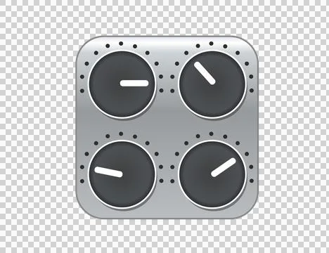 Silver square audio mixing console icon with four black control knobs Stock Illustration