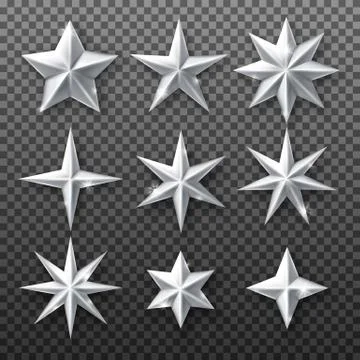 Silver star set isolated on transparent background. Vector realistic decorati Stock Illustration