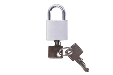 Silver steel padlock with keys inserted isolated on white background Stock Photos