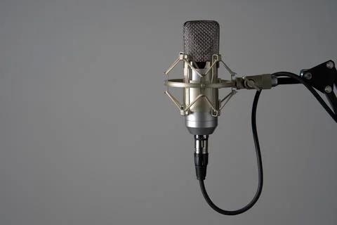 Silver studio condenser microphone on stand Stock Photos
