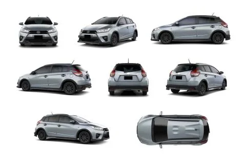 Silver Subcompact Car 5 Door Hatchback Variety of Angles. Illustrazione stock