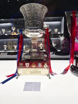 Silver Supercopa trophy with blue and red ribbons on display in Barcelona, .. Stock Photos