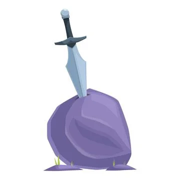 Silver sword stuck in a large purple rock symbolizing power and courage Stock Illustration