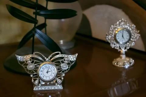 Silver table clocks with crystals Stock Photos