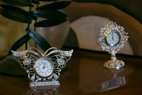 Silver table clocks with crystals Stock Photos