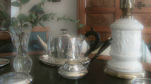 Silver tea can in Biedermeier style room Stock Footage 533541
