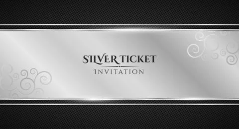 Silver ticket. Luxurious invitation. Silver ribbon banner on a black backgrou Stock Illustration