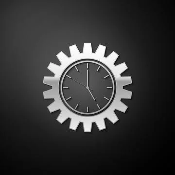 Silver Time Management icon isolated on black background. Clock and gear sign Stock-Illustration