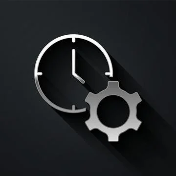 Silver Time management icon isolated on black background. Clock and gear si.. Stock Illustration