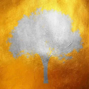 Silver tree with leaves isolated on shining golden background. Creative abstract Stock Illustration