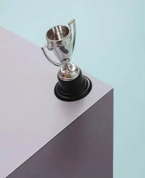 Silver trophy cup on black base on pastel background Stock Photos