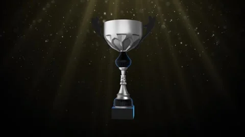 Silver trophy cup on wooden base Background Loop Stock Footage 307843987