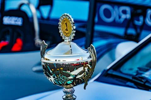 Silver trophy with intricate designs, possibly flames or dynamic patterns, .. 스톡 사진