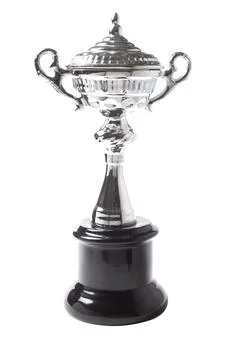Silver trophy isolated on white background. Winning awards Foto stock