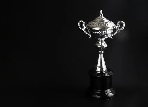 Silver trophy over black background. Winning awards with copy space for tex.. Foto stock