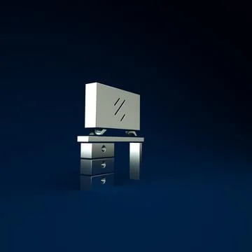 Silver TV table stand icon isolated on blue background. Minimalism concept. 3 Illustrazione stock