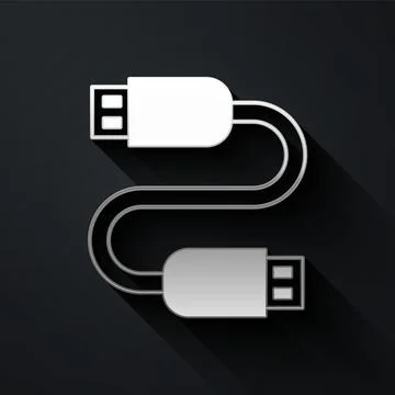 Silver USB cable cord icon isolated on black background. Connectors and sockets Illustrazione stock