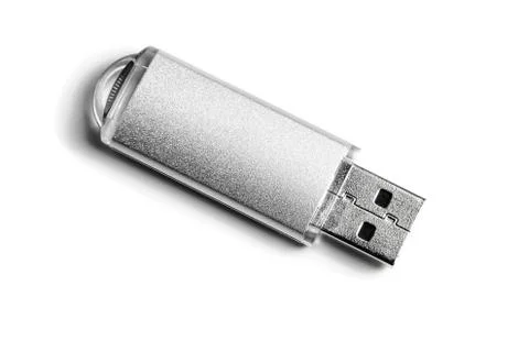Silver USB Flash Drive closeup on white background Stock-Fotos