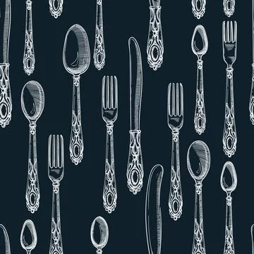 Silver vintage cutlery seamless pattern. Vector hand drawn sketch illustratio Stock Illustration