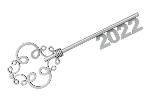Silver Vintage Key with 2022 year Sign. 3d Rendering Stock-Illustration