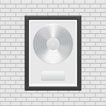 Silver vinyl record with black frame on white brick wall Stock Illustration