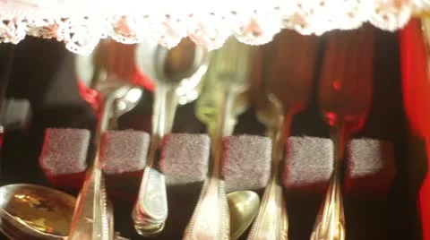 Silver ware silverware forks knives fancy 2 Stock Footage 12224356